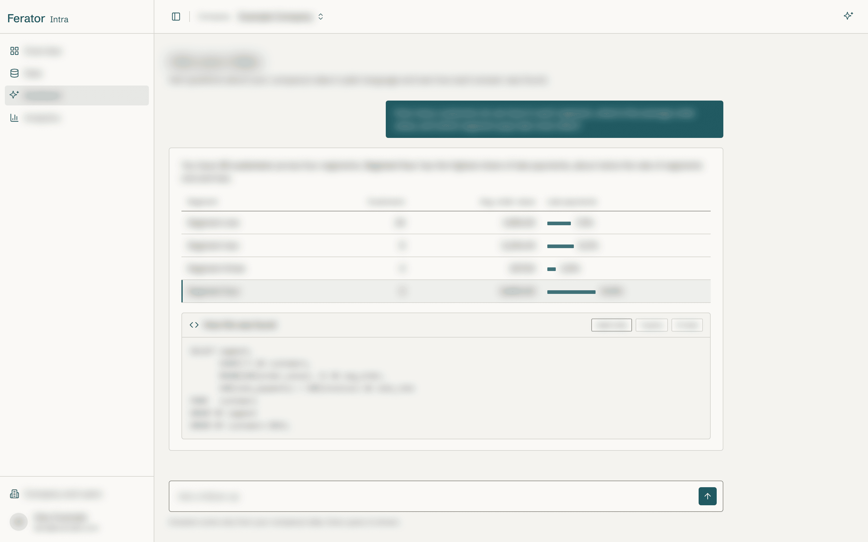 Illustration of the AI assistant: a question, an answer with a table, and below it the query the assistant ran. Apart from the app's name, all text is blurred.